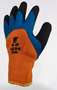 Перчатки утепленные обливные,вспененные, оранжево-синие с черными пальцами - фото