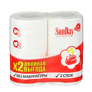 Бумага туалетная SunDay, 2-х слойная белая, 4 шт - фото